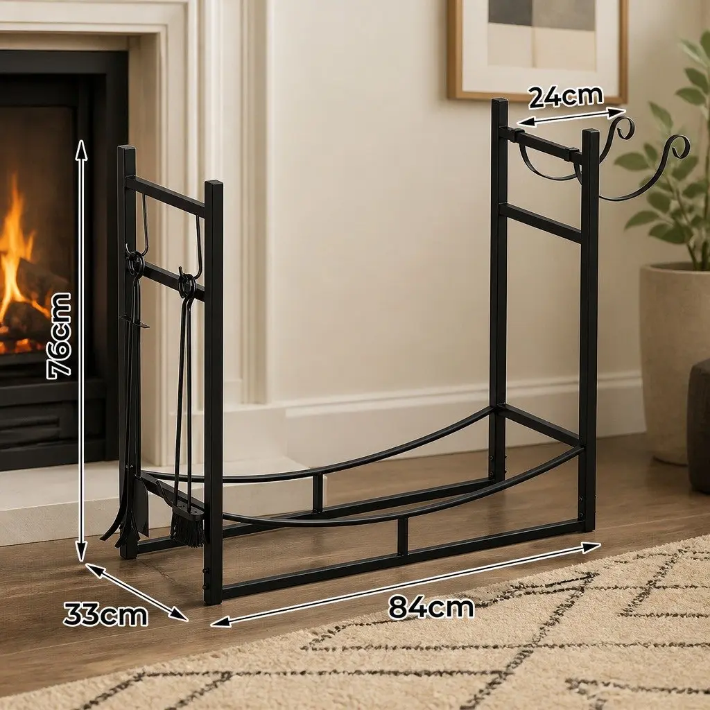 Firewood Rack Black Heavy Duty Metal with Fireplace Tools Set