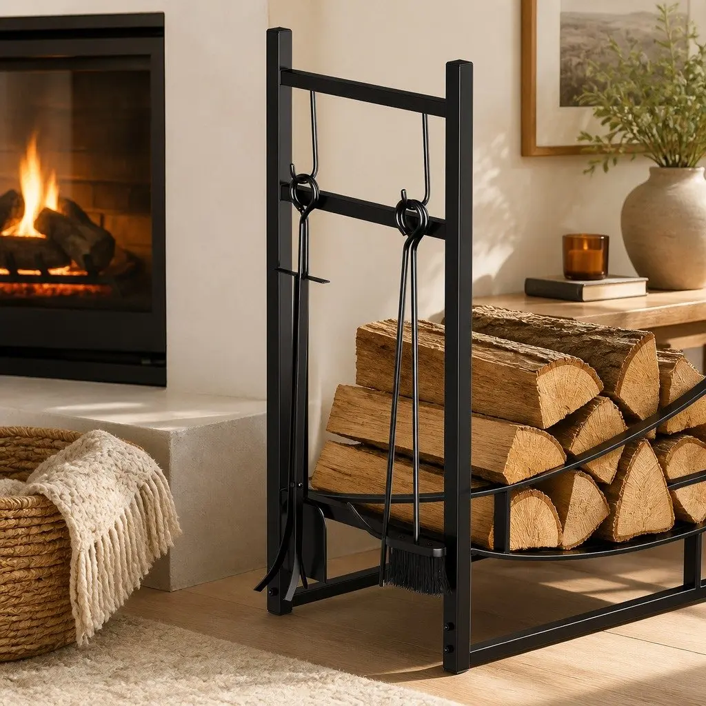 Firewood Rack Black Heavy Duty Metal with Fireplace Tools Set