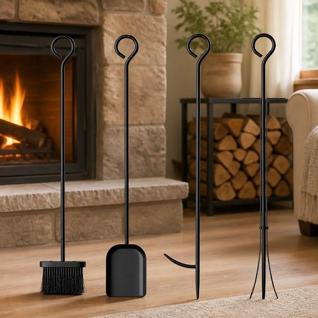 Firewood Rack Black Heavy Duty Metal with Fireplace Tools Set