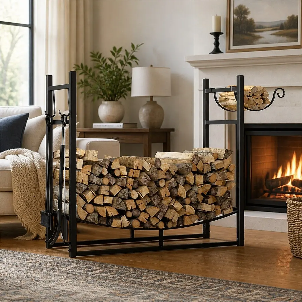 Firewood Rack Black Heavy Duty Metal with Fireplace Tools Set