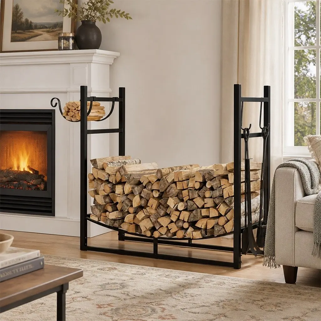 Firewood Rack Black Heavy Duty Metal with Fireplace Tools Set
