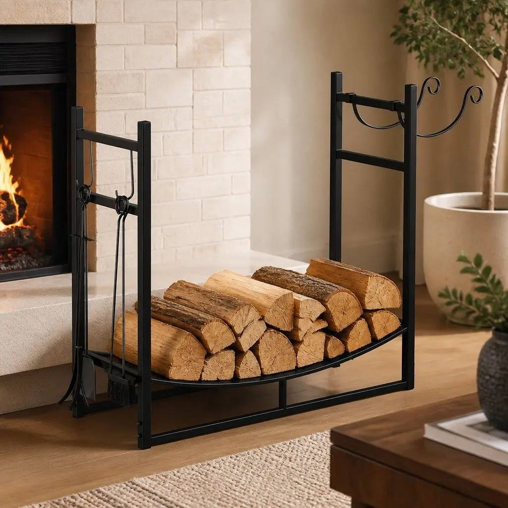 Firewood Rack Black Heavy Duty Metal with Fireplace Tools Set