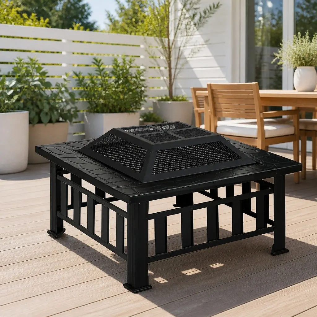 2-In-1 Fire Pit BBQ Grill Black Steel Frame Outdoor Table Garden Heating Patio