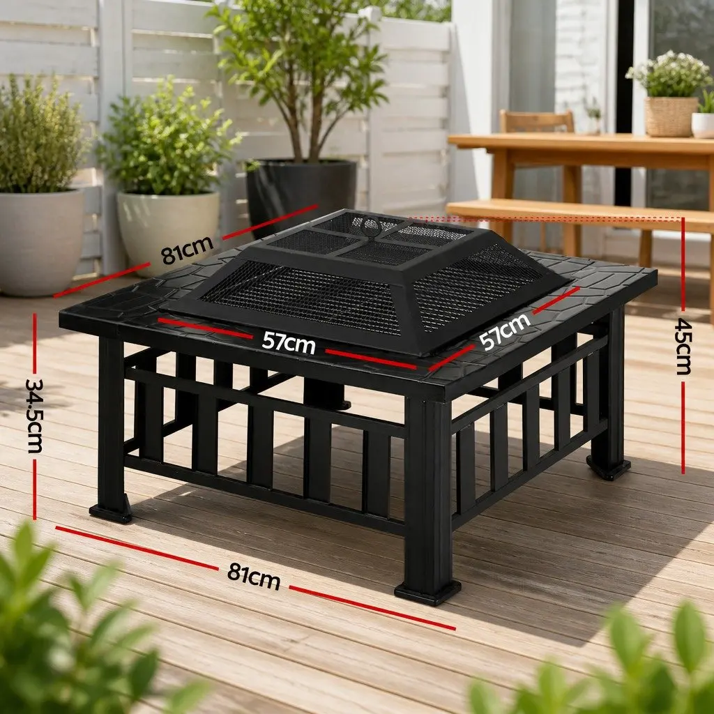 2-In-1 Fire Pit BBQ Grill Black Steel Frame Outdoor Table Garden Heating Patio