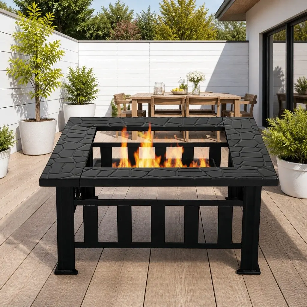 2-In-1 Fire Pit BBQ Grill Black Steel Frame Outdoor Table Garden Heating Patio