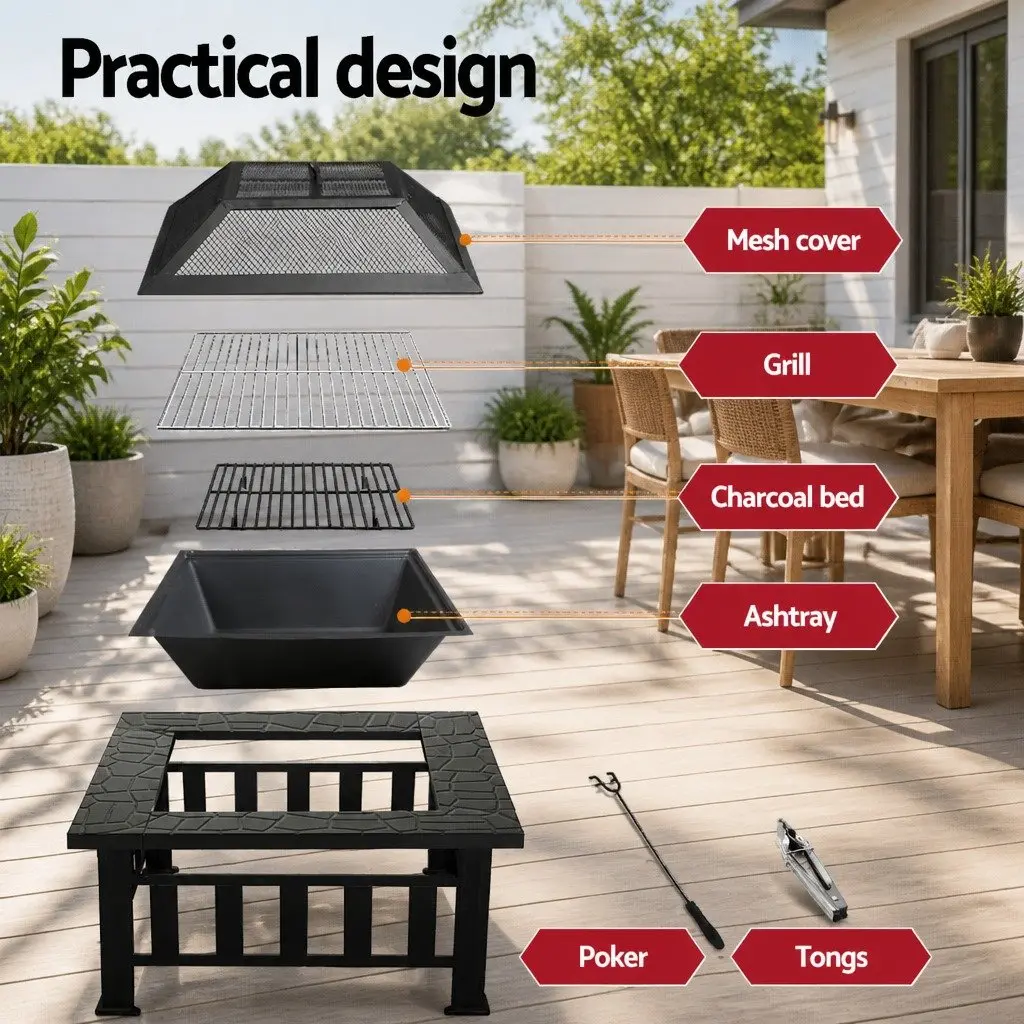 2-In-1 Fire Pit BBQ Grill Black Steel Frame Outdoor Table Garden Heating Patio