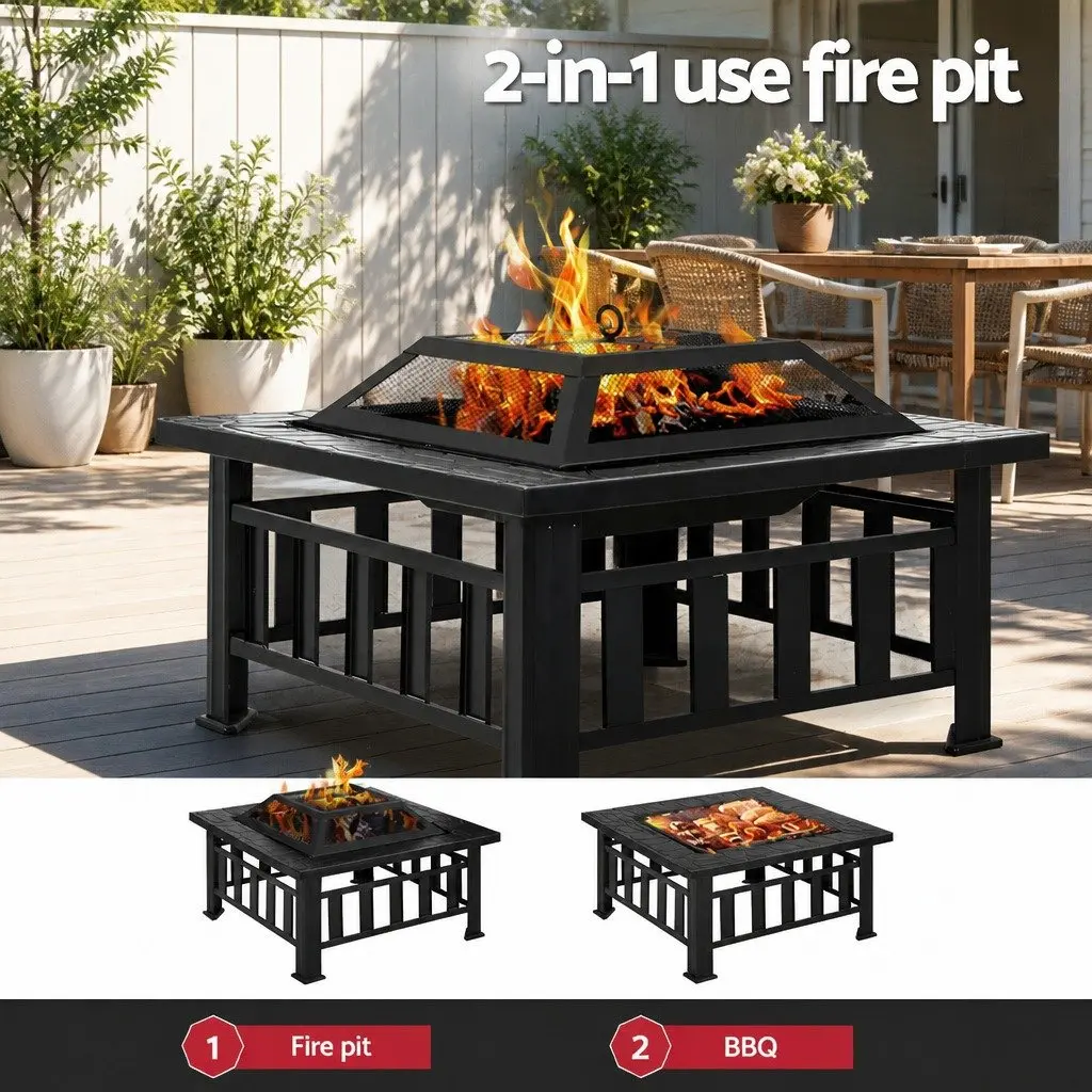 2-In-1 Fire Pit BBQ Grill Black Steel Frame Outdoor Table Garden Heating Patio