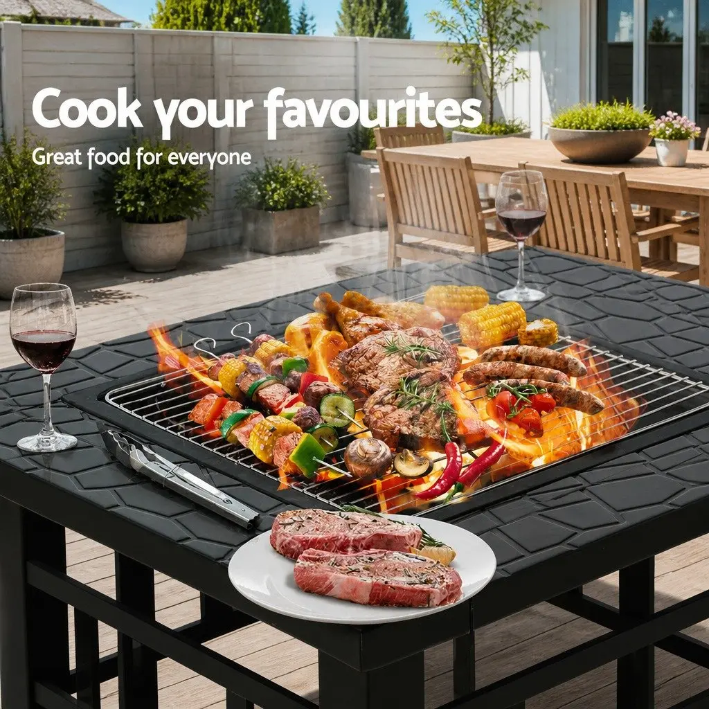 2-In-1 Fire Pit BBQ Grill Black Steel Frame Outdoor Table Garden Heating Patio