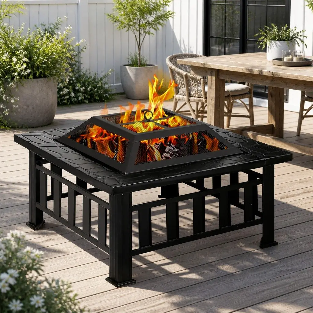 2-In-1 Fire Pit BBQ Grill Black Steel Frame Outdoor Table Garden Heating Patio