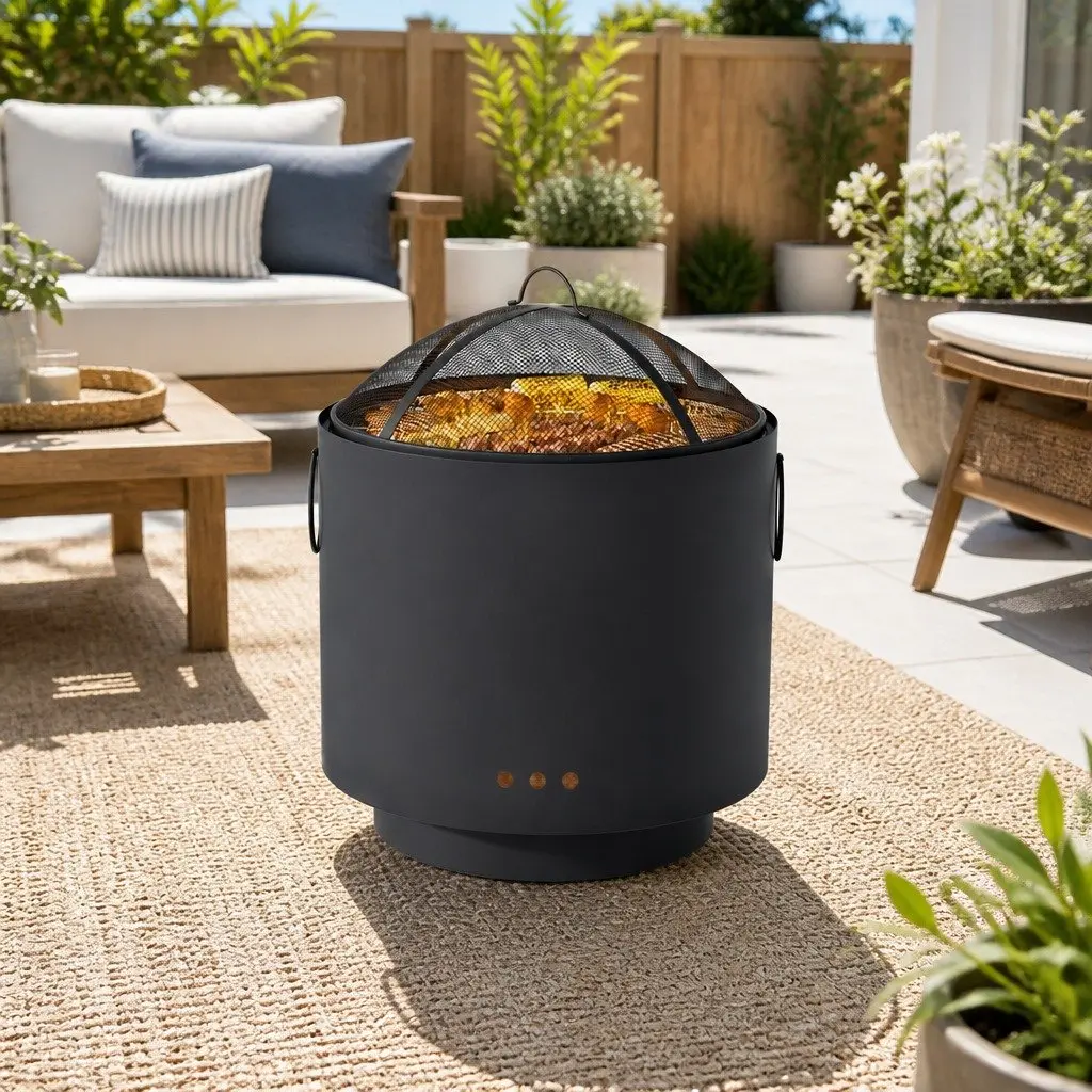 Fire Pit BBQ Black 45cm Portable Deep Bowl Outdoor Fireplace with Spark-proof Mesh Lid
