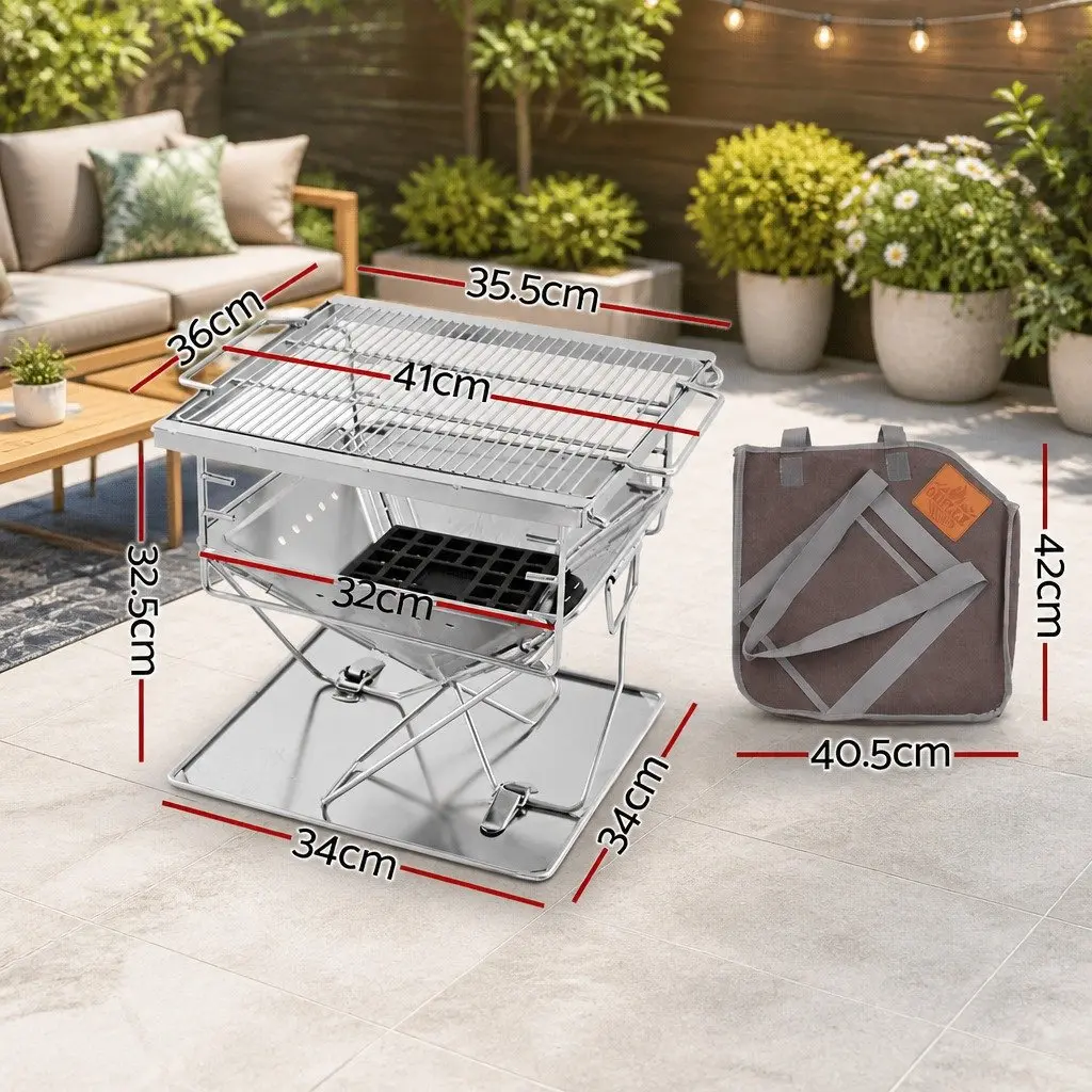BBQ Grill Silver Portable Height Adjustable Folding 2-in-1 Fire Pit