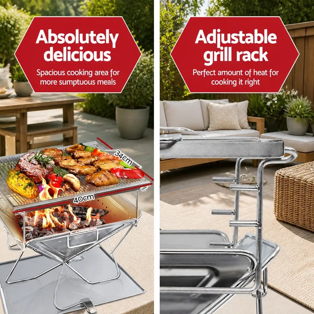 BBQ Grill Silver Portable Height Adjustable Folding 2-in-1 Fire Pit