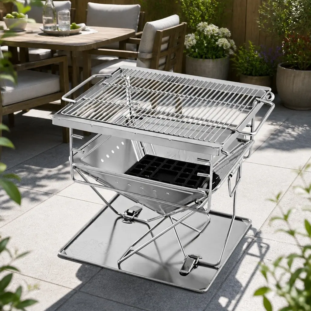 BBQ Grill Silver Portable Height Adjustable Folding 2-in-1 Fire Pit