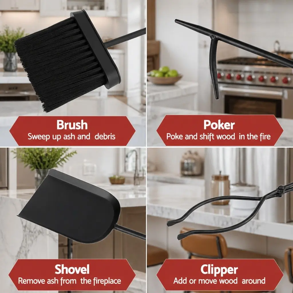 Fire Pit Tool Set 4 Piece Cast Iron Fireplace Poker Shovel Brush Clipper with