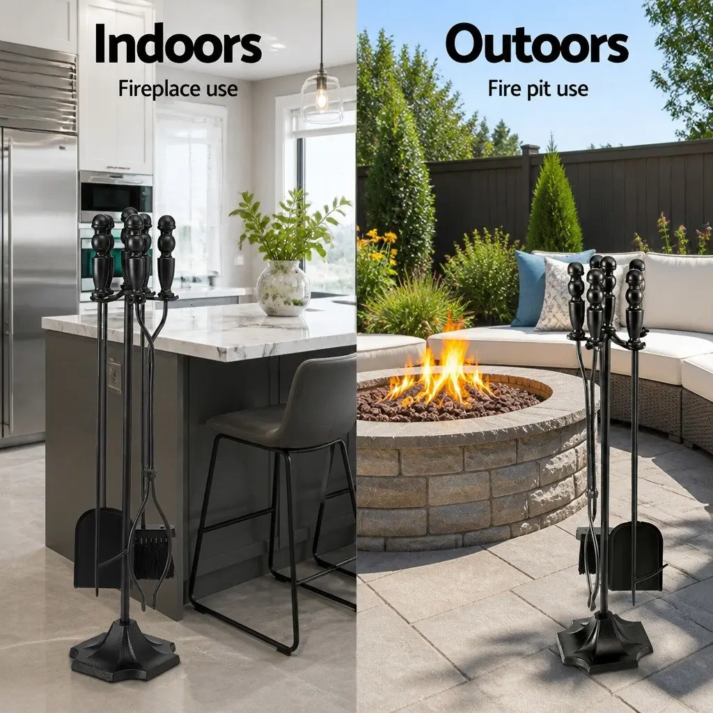 Fire Pit Tool Set 4 Piece Cast Iron Fireplace Poker Shovel Brush Clipper with