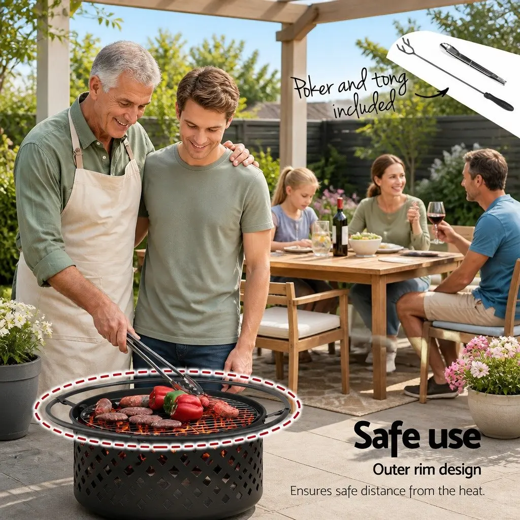 2-in-1 Fire Pit BBQ Grill 76cm Outdoor Heating Fireplace Garden Patio Charcoal