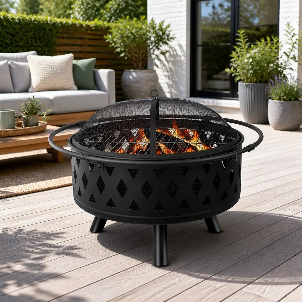 BBQ Grill Fire Pit Black 82cm 2-in-1 Outdoor Heating Cooking Garden Patio Fireplace