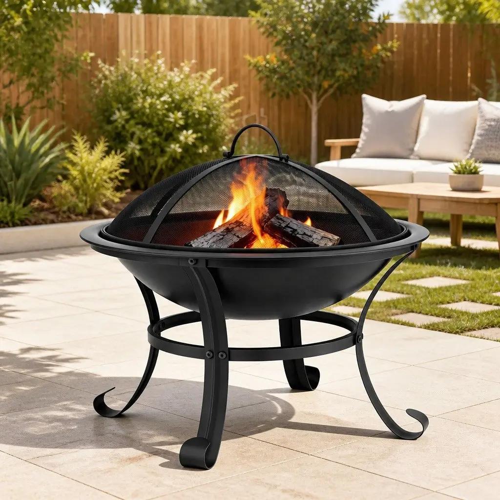 Fire Pit BBQ Grill Black 56cm 2 in 1 Wood Burning Outdoor Camping Garden Heater