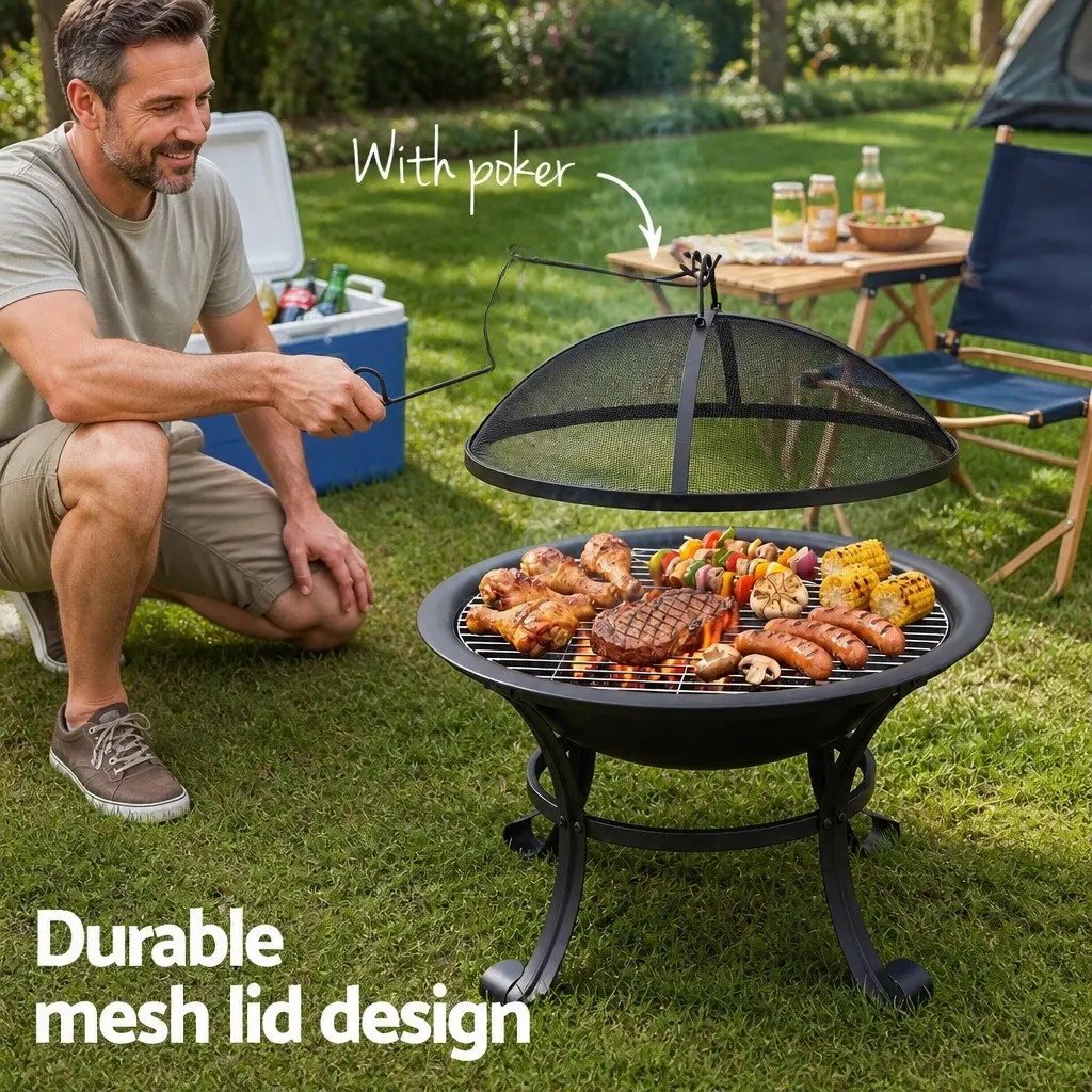 Fire Pit BBQ Grill Black 56cm 2 in 1 Wood Burning Outdoor Camping Garden Heater