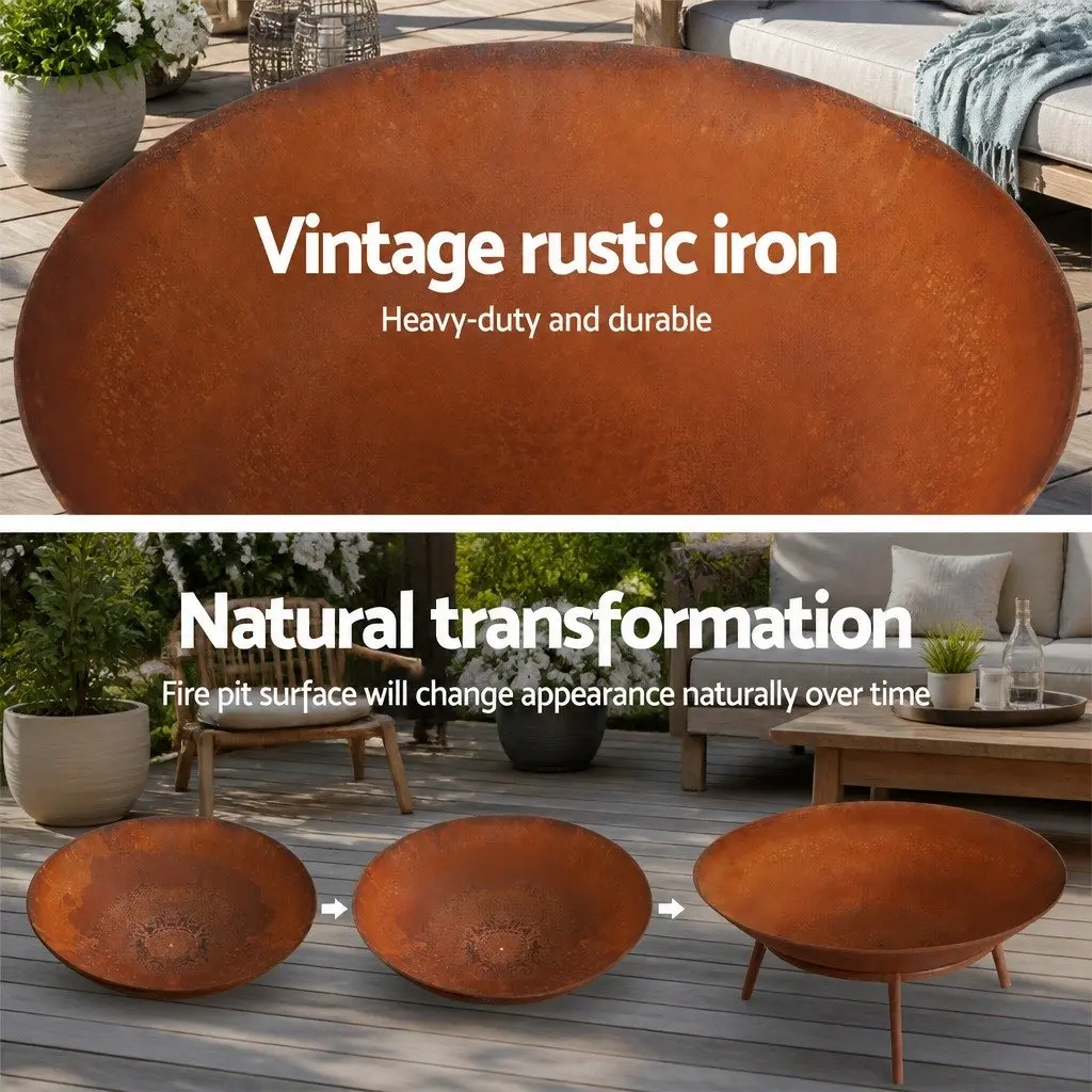 Fire Pit Rust 56cm Iron Bowl Portable Outdoor Garden Patio Charcoal Burning