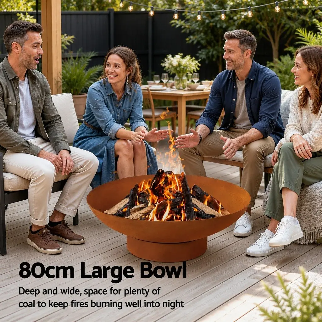 Fire Pit Rust Iron 80cm Extra Deep Bowl Outdoor Patio Fireplace Wood Burner Garden Heater