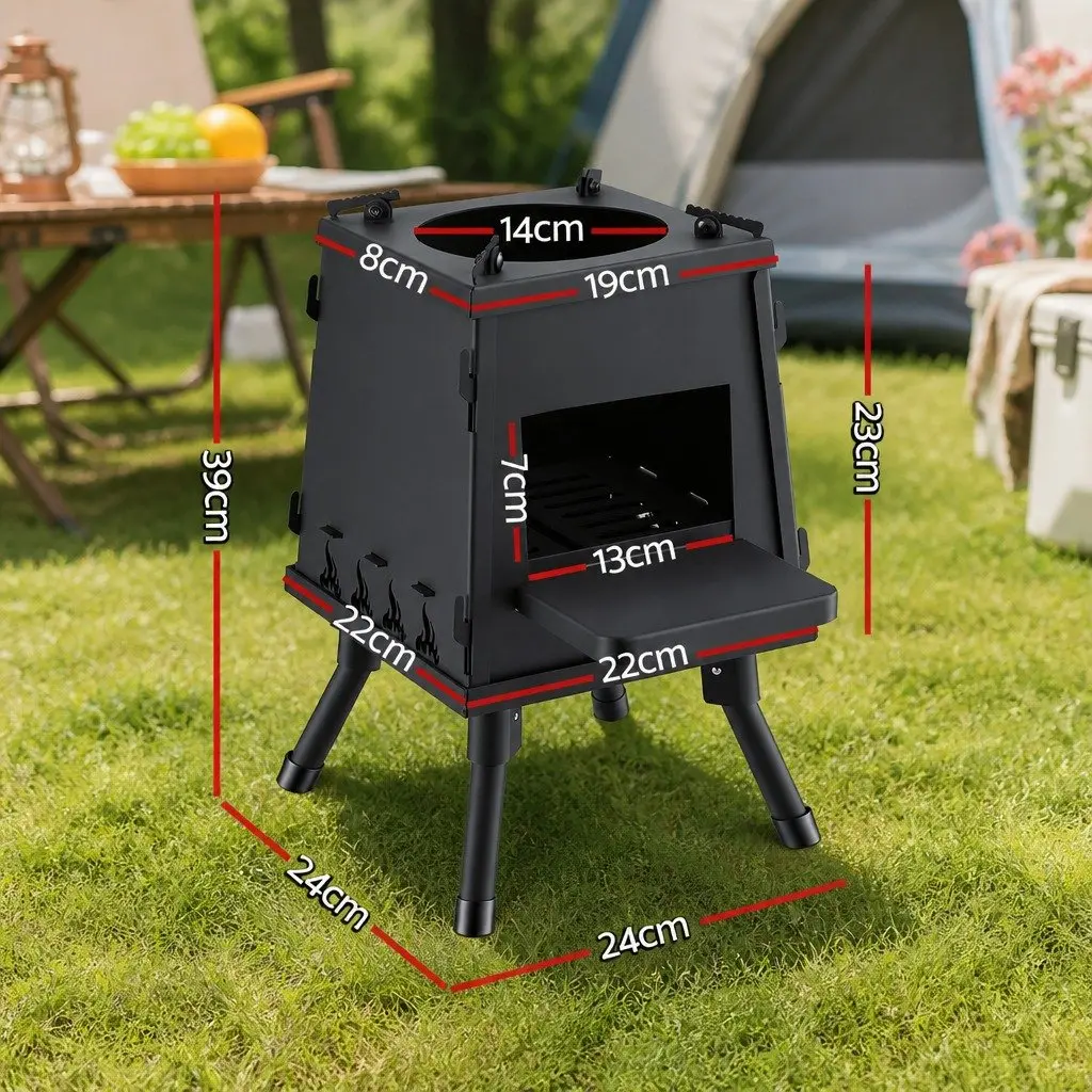 Portable Fire Pit Black Cast Iron Outdoor Cooking Stove Compact Adjustable Supports