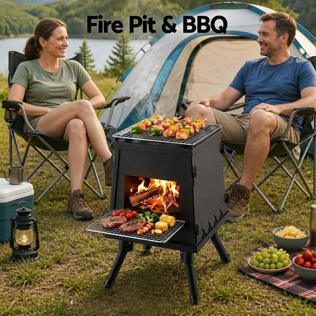 Portable Fire Pit Black Cast Iron Outdoor Cooking Stove Compact Adjustable Supports