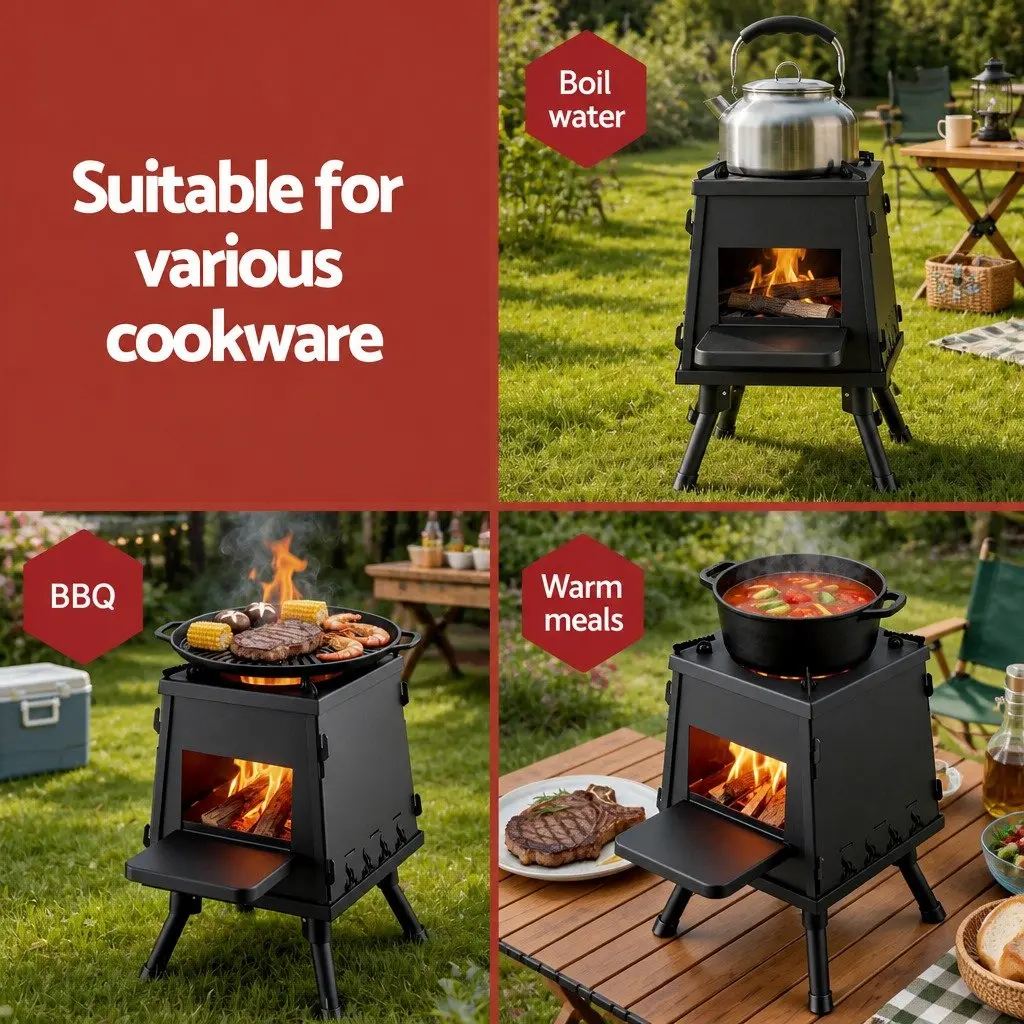Portable Fire Pit Black Cast Iron Outdoor Cooking Stove Compact Adjustable Supports