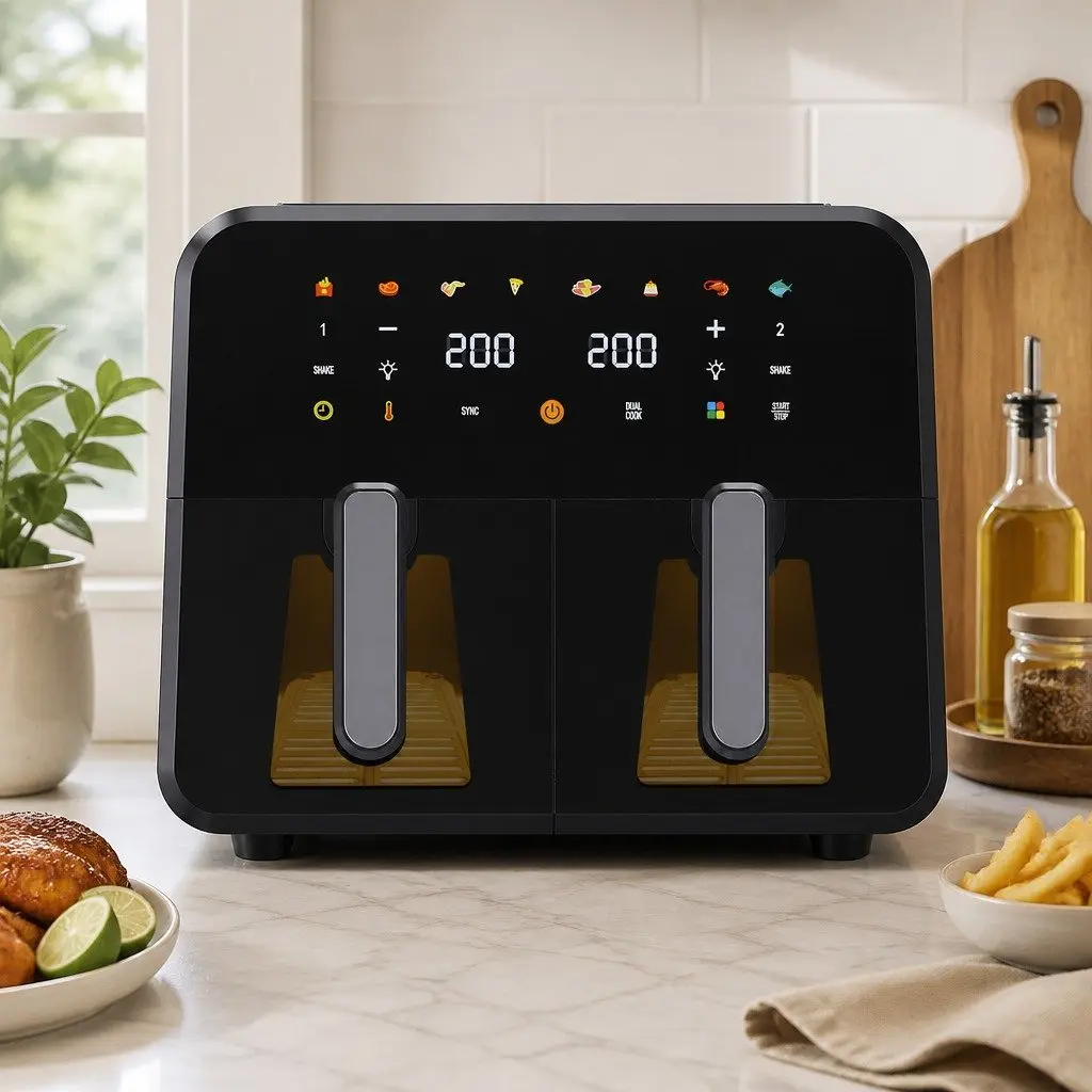 Dual Basket Air Fryer Black 12L Digital Touchscreen Oil Free Independent Cooking