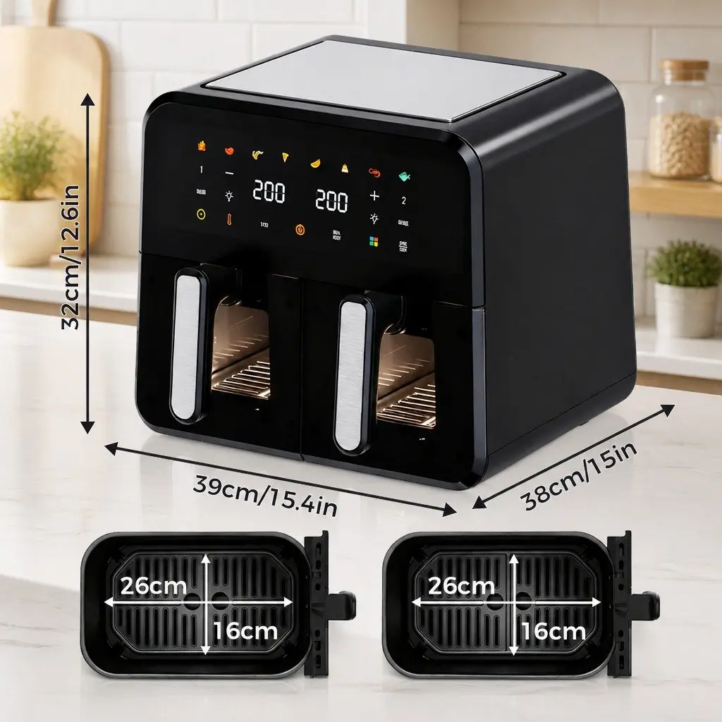 Dual Basket Air Fryer Black 12L Digital Touchscreen Oil Free Independent Cooking