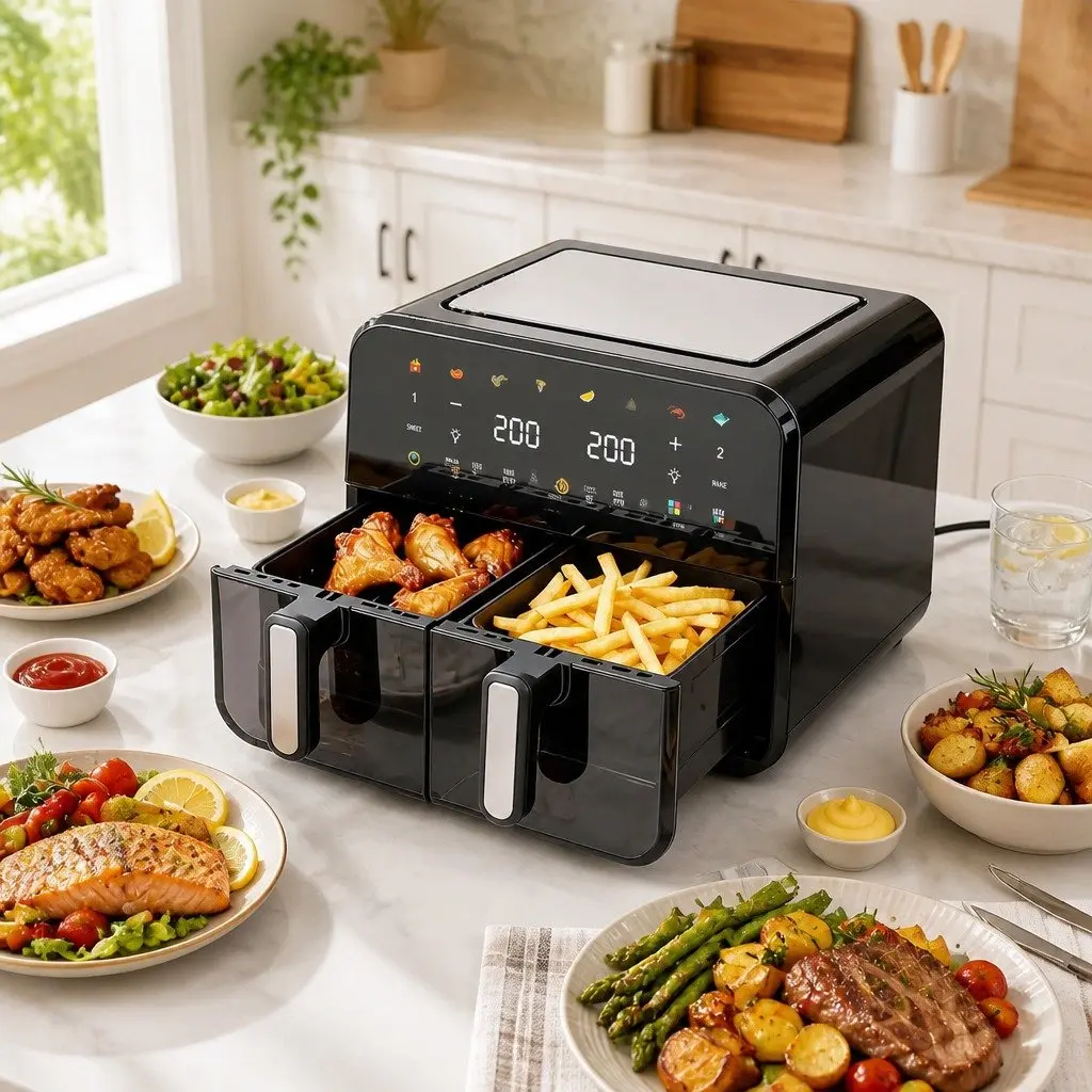 Dual Basket Air Fryer Black 12L Digital Touchscreen Oil Free Independent Cooking