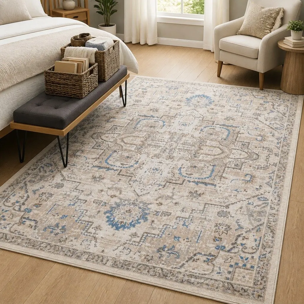 Large Area Floor Rug Distressed Pattern 200x290cm Soft Surface Anti-Slip TPR Backing Machine Washable