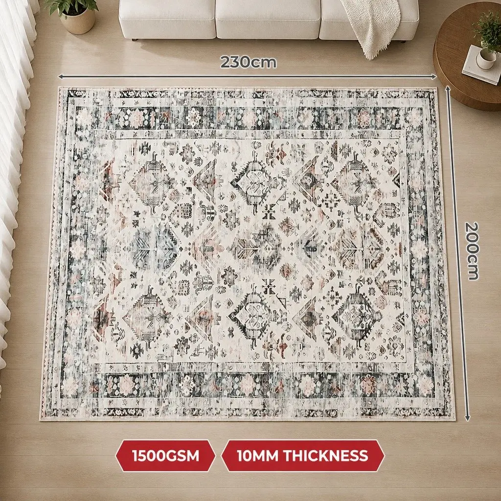 Rug Vintage 200x230cm Short Pile Washable Soft Plush Non Slip