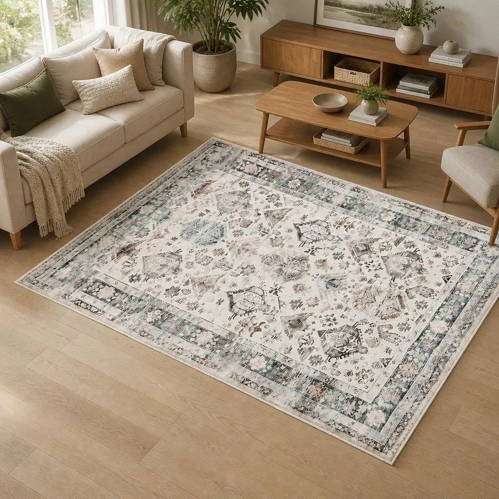Rug Vintage 200x290cm Short Pile Washable Soft Plush Non Slip