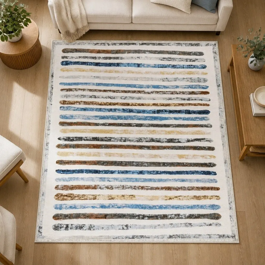 Floor Rug Short Pile Washable Carpet Soft Plush Non Slip Stripe 200x230cm
