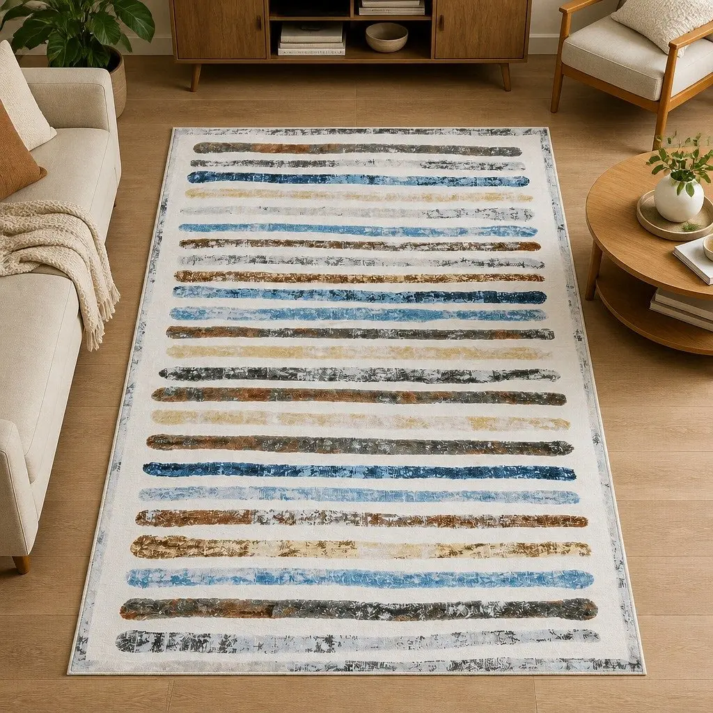 Floor Rug Short Pile Washable Carpet Soft Plush Non Slip Stripe 200x290cm