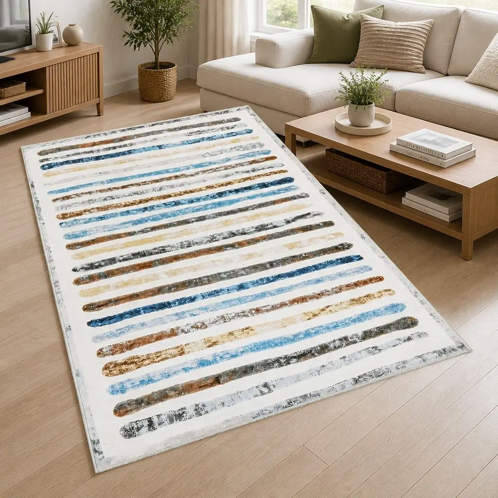 Rug Stripe Short Pile Washable Soft Plush Non Slip 200x290cm