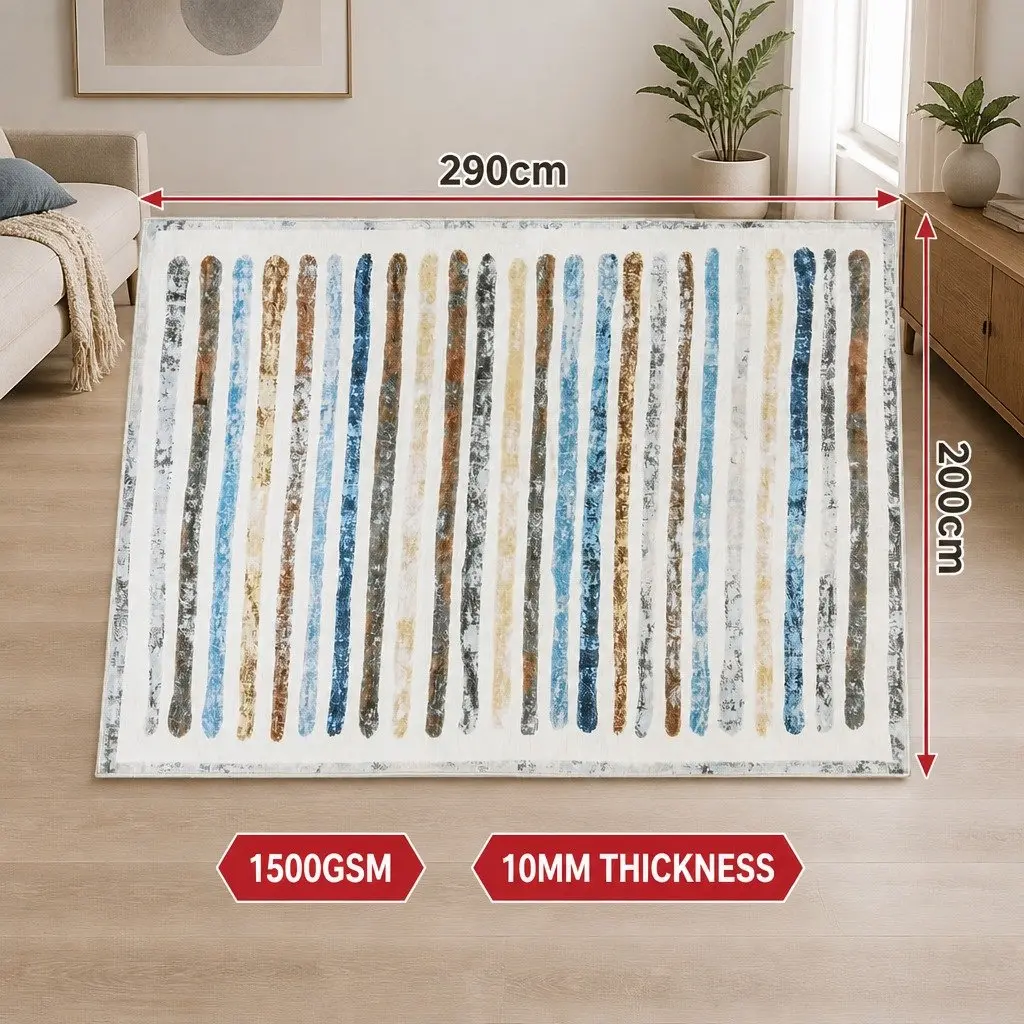 Rug Stripe Short Pile Washable Soft Plush Non Slip 200x290cm
