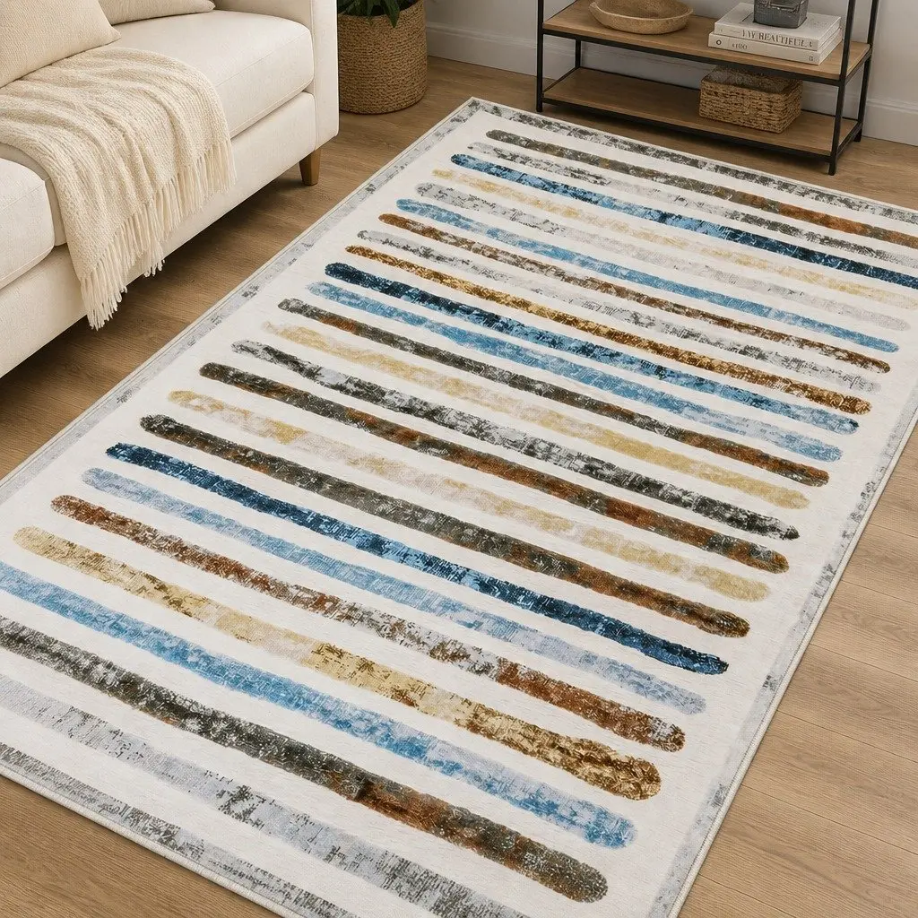 Rug Stripe Short Pile Washable Soft Plush Non Slip 200x290cm