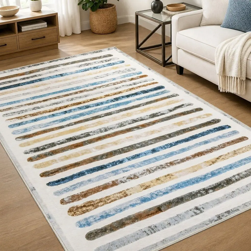 Rug Stripe Short Pile Washable Soft Plush Non Slip 200x290cm