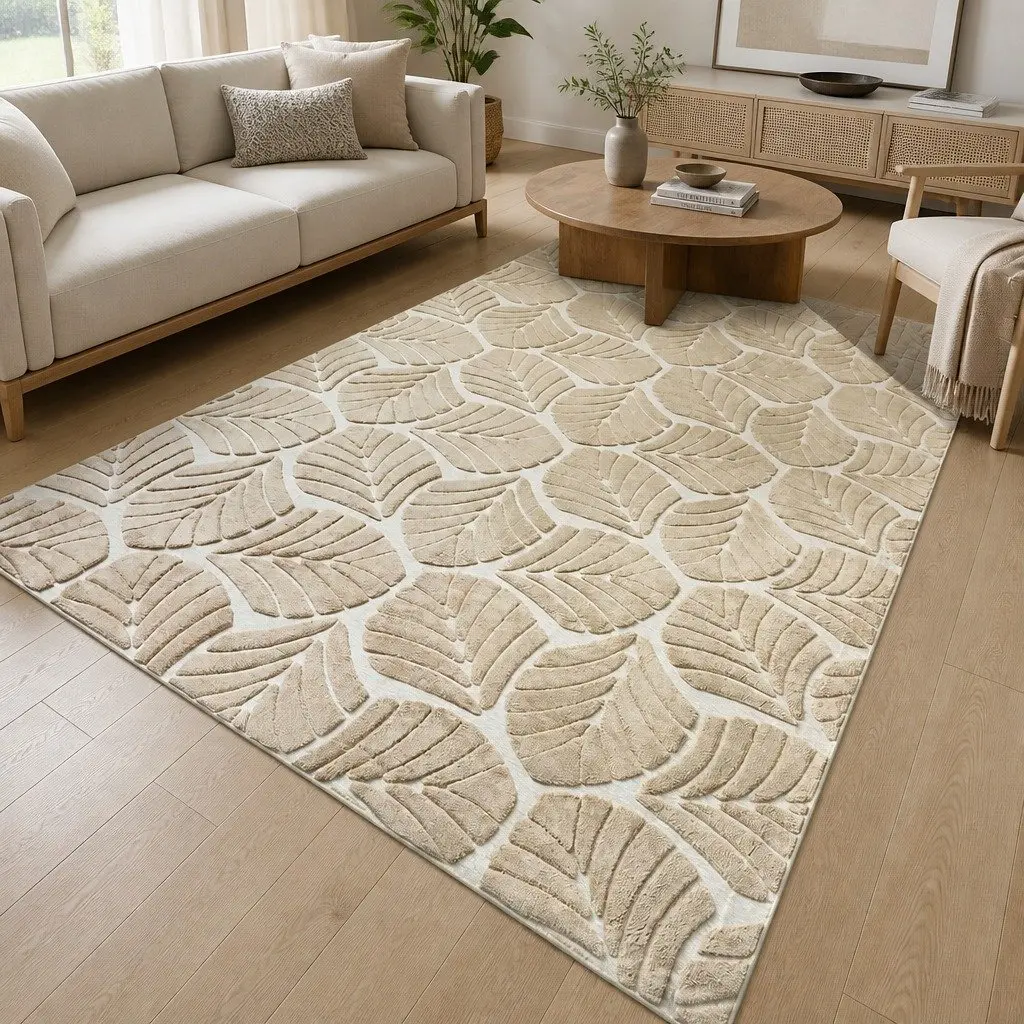 Floor Rug Soft Embossed Carpet Non Slip Plush Shaggy Leaf Pattern Rectangle Rug