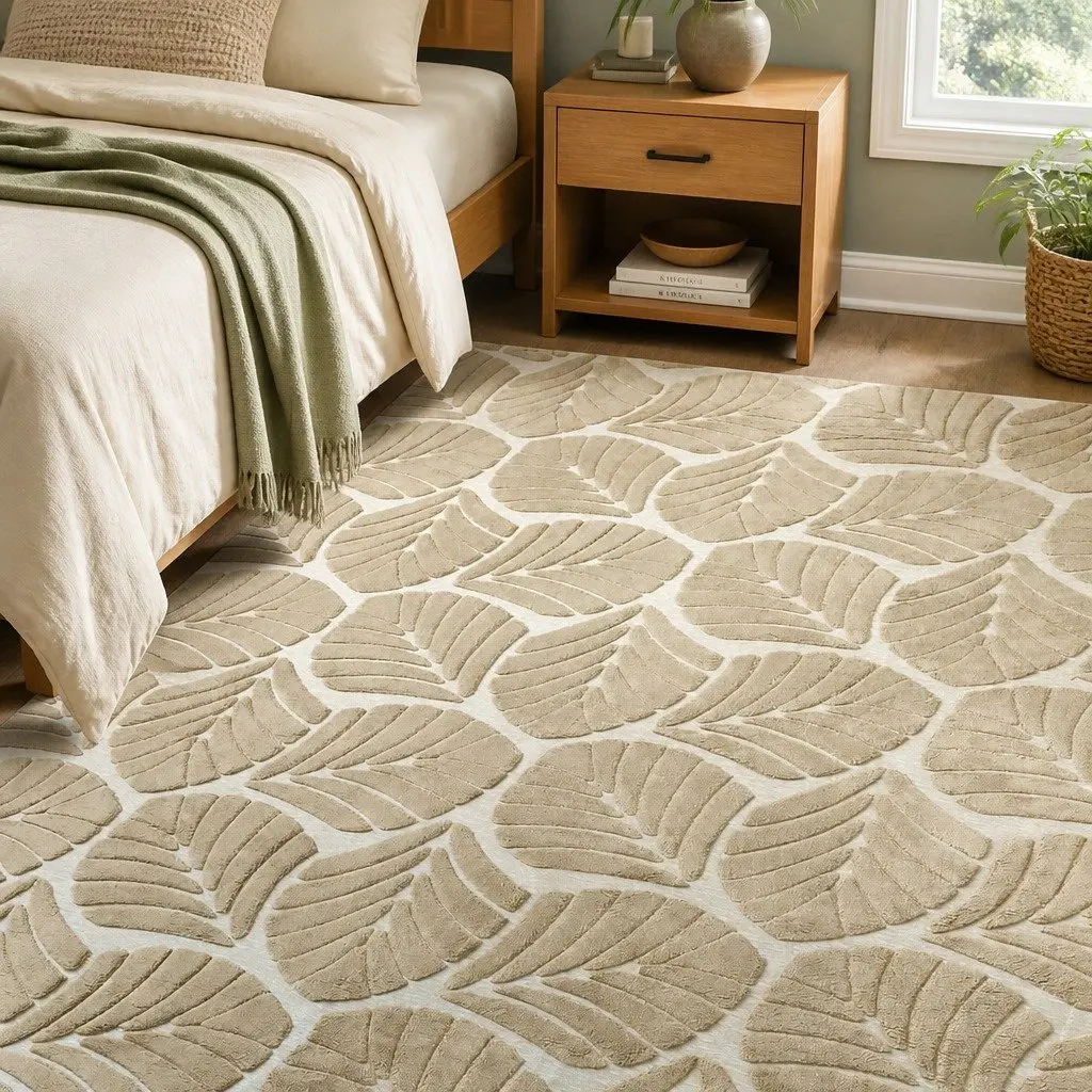 Floor Rug Soft Embossed Carpet Non Slip Plush Shaggy Leaf Pattern Rectangle Rug