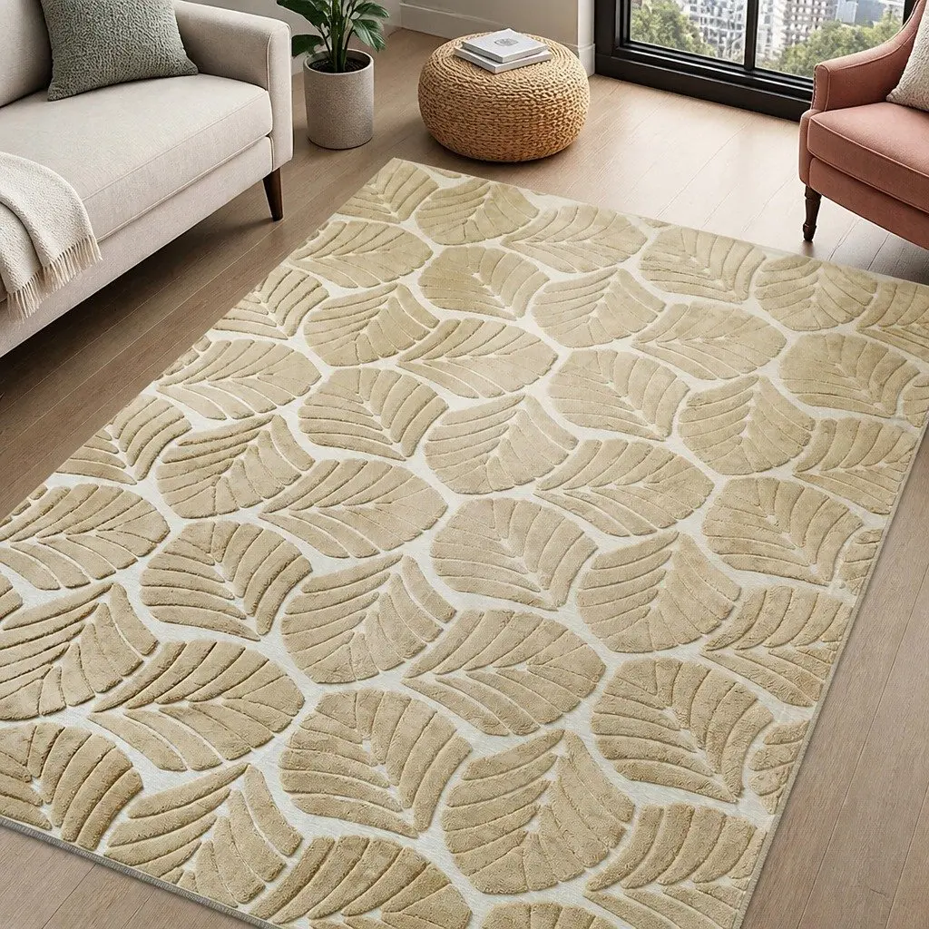 Floor Rug Soft Embossed Carpet Non Slip Plush Shaggy Leaf Pattern Rectangle Rug