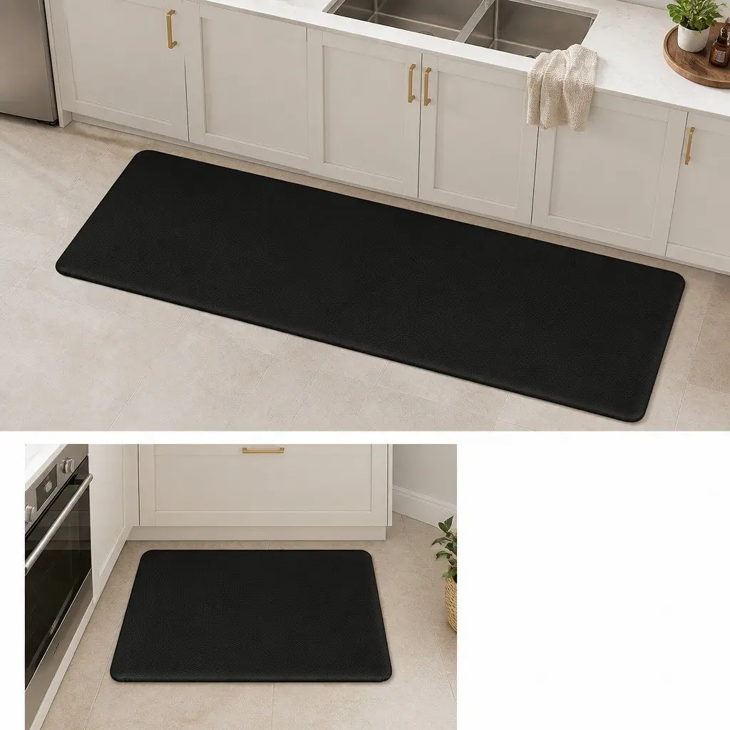 Non Slip Kitchen Mat Black 2 Piece Anti Fatigue Waterproof PU Rug