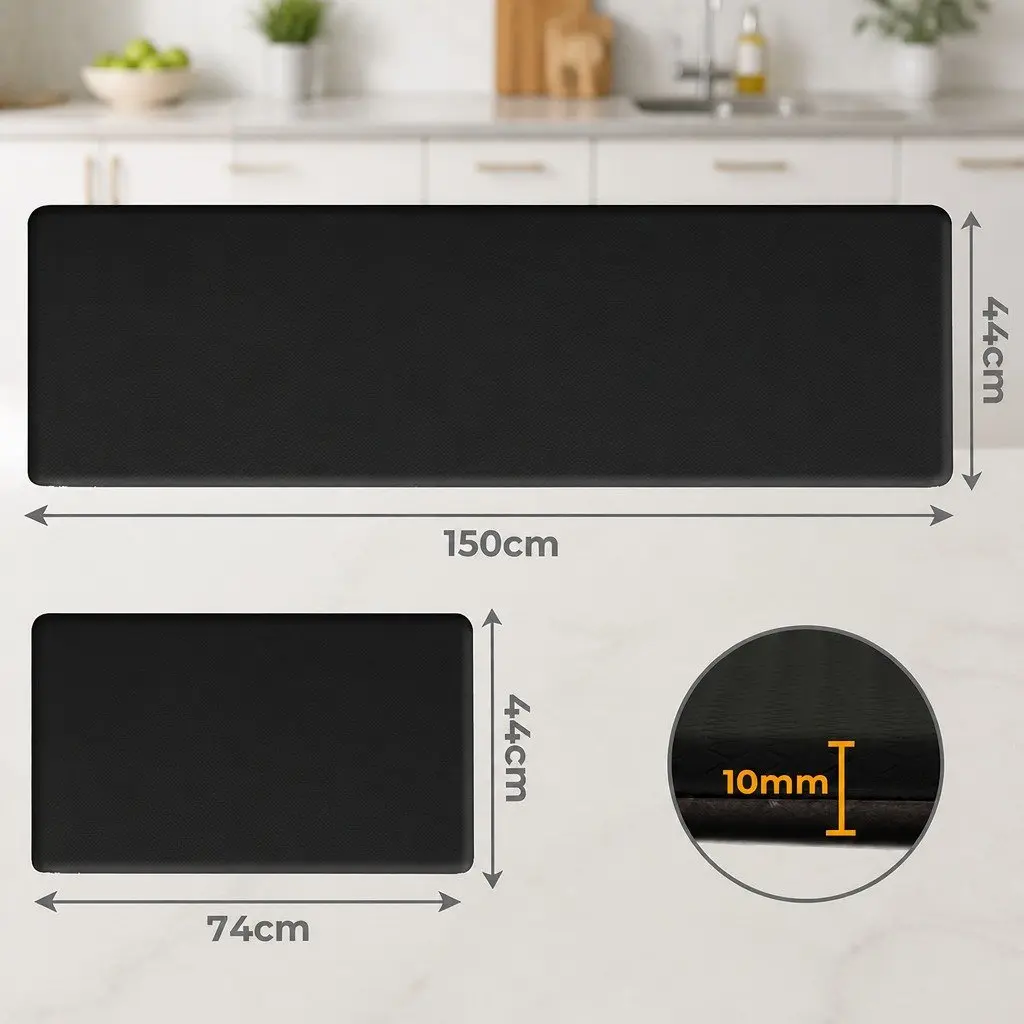 Non Slip Kitchen Mat Black 2 Piece Anti Fatigue Waterproof PU Rug