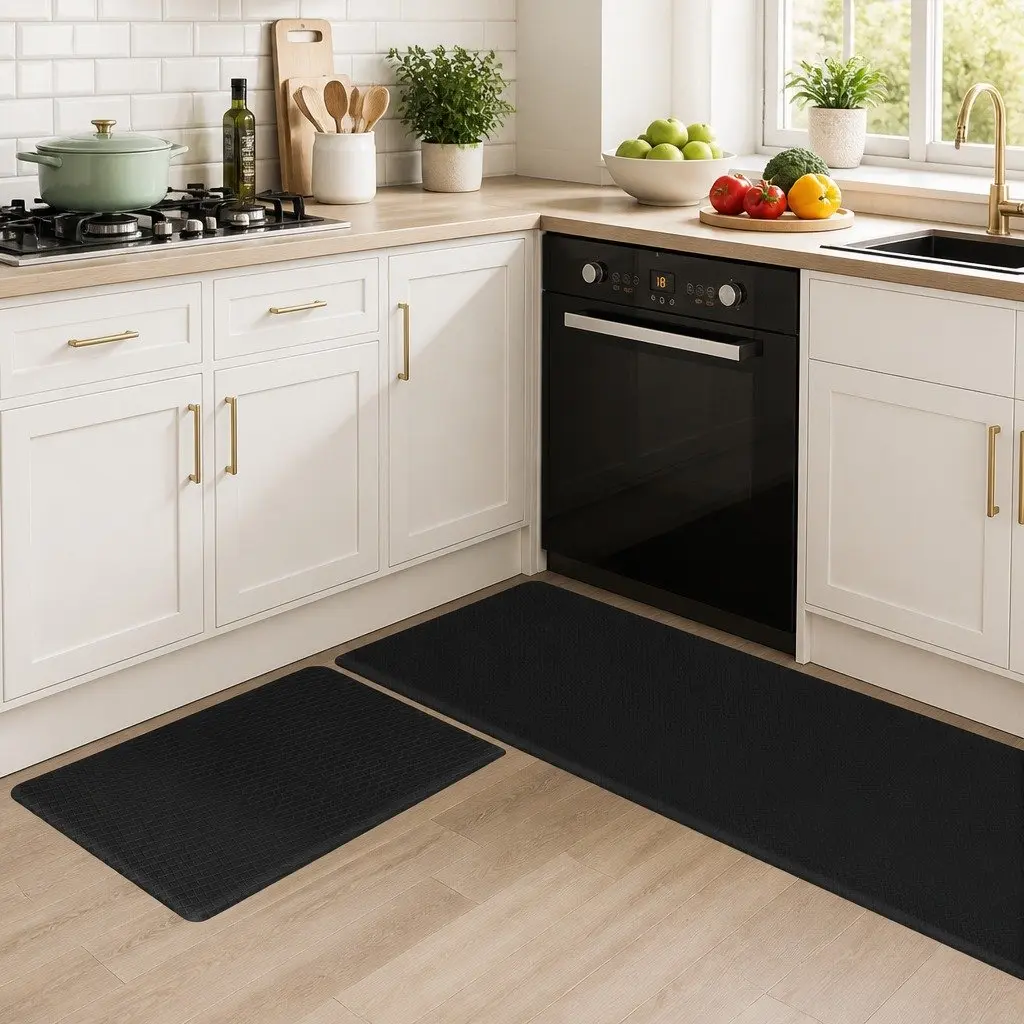 Non Slip Kitchen Mat Black 2 Piece Anti Fatigue Waterproof PU Rug