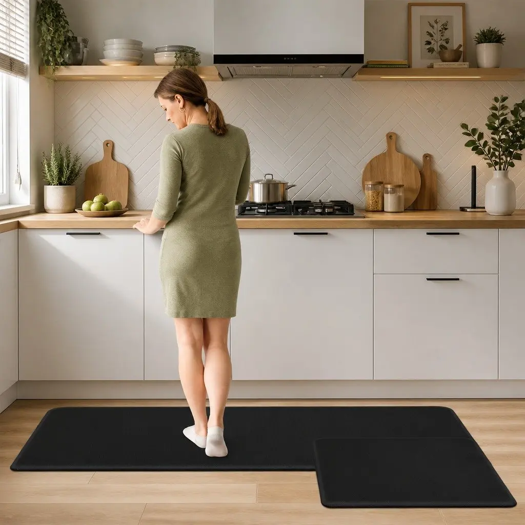 Non Slip Kitchen Mat Black 2 Piece Anti Fatigue Waterproof PU Rug