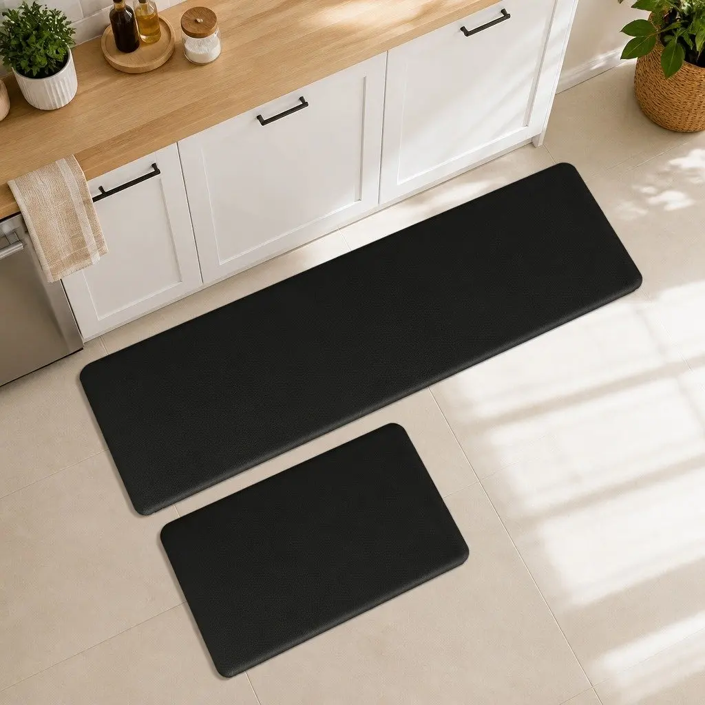 Non Slip Kitchen Mat Black 2 Piece Anti Fatigue Waterproof PU Rug