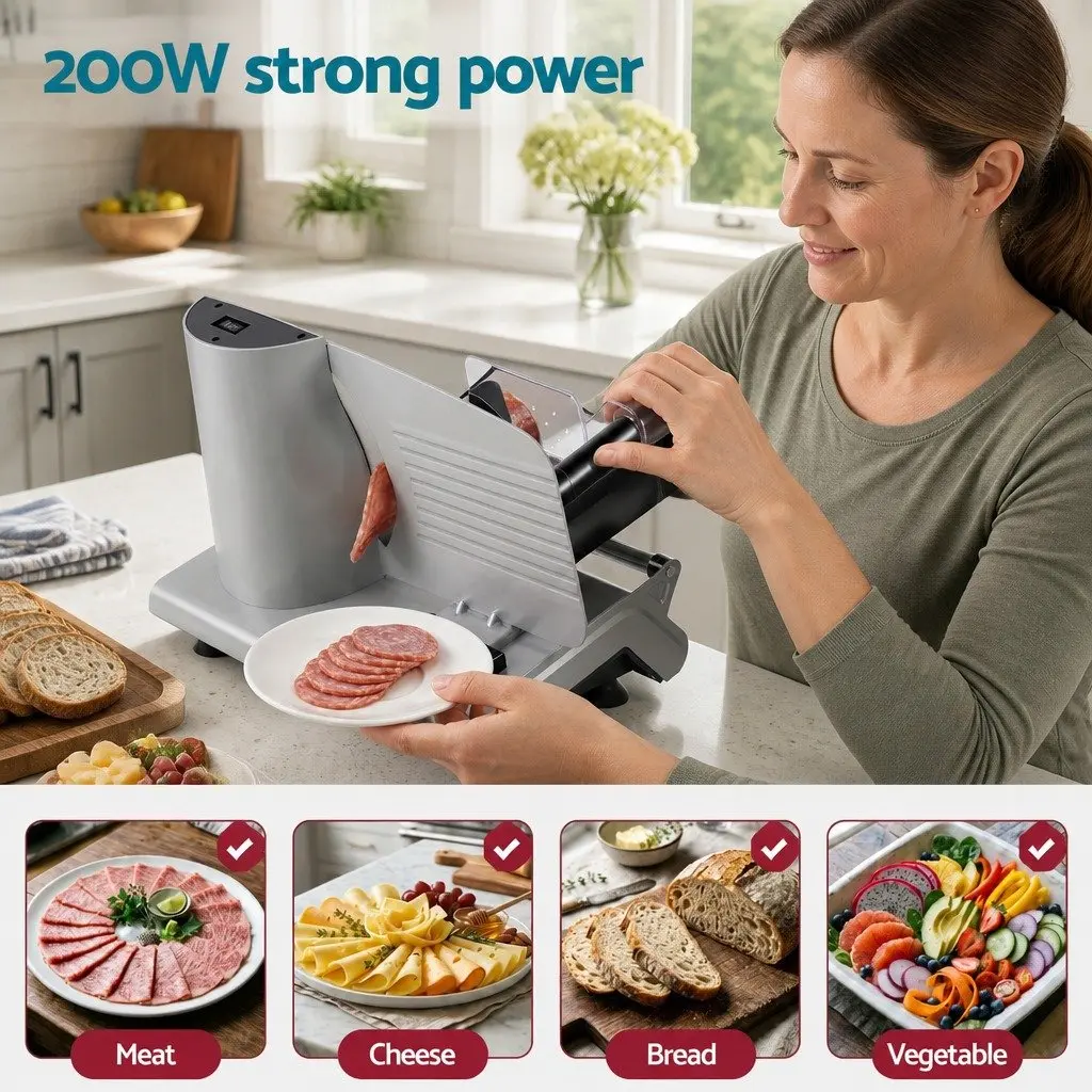 Meat Slicer Bread Vegetable Food Cutter 200W Power 0-15mm Adjustable Stainless
