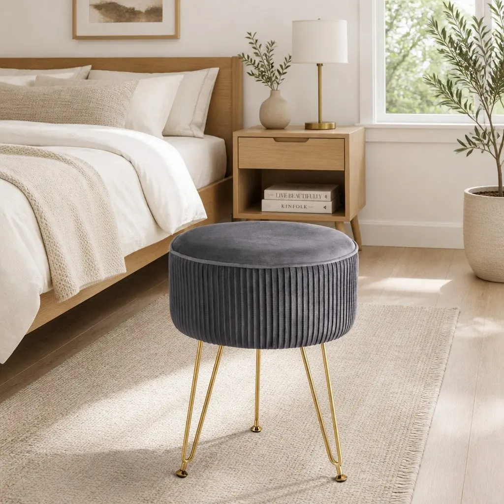 Round Ottoman Footstool Grey Velvet Vertical Stripe Metal Legs Assembly